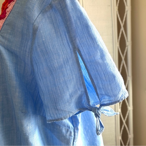 Talbots Blue Linen Top Crochet Trim Pink Coral Short Tie Sleeve Blouse size 2XP - Picture 8 of 16